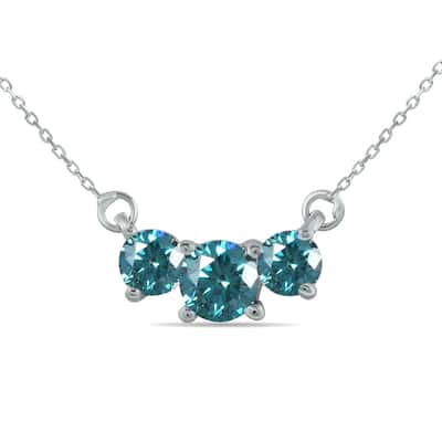 1 Carat TW Blue Diamond Three Stone Pendant Necklace in 14K White Gold