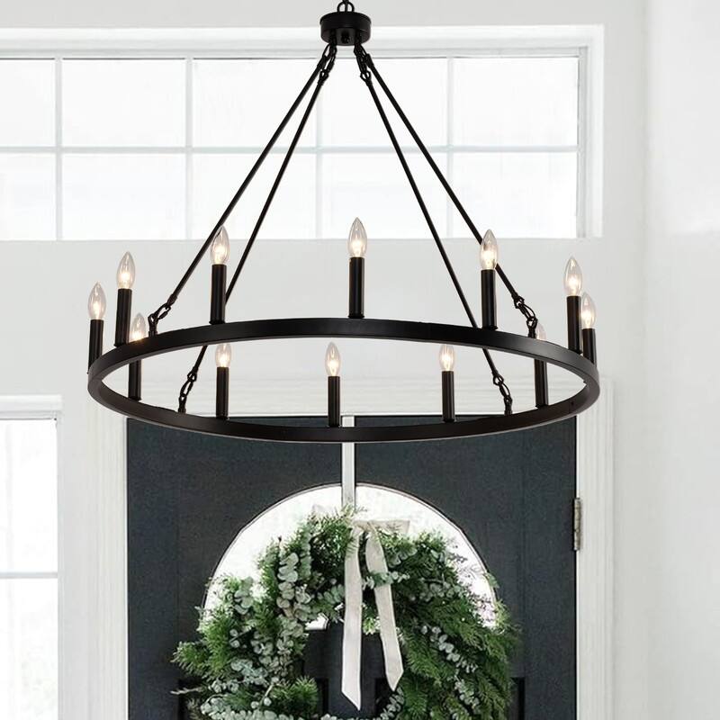 Wagon Wheel Chandelier 31in 12 Light Dining Room Farmhouse Chandelier - 38IN*29.6IN