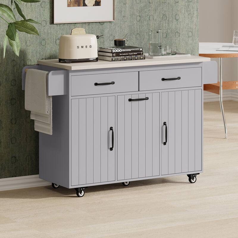 Kitchen Island with Trash Can Storage Cabinet,with Drop Leaf, Spice Rack, Towel Rack and Drawer, Rolling Kitchen Island on Wheel