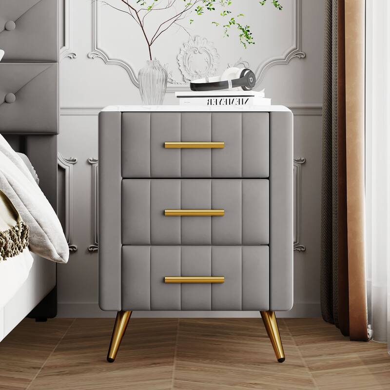 Upholstered Wooden Nightstand with 3 Drawers and Metal Legs & Handles, Marbling Worktop