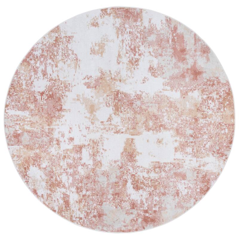SAFAVIEH Bayside Machine Washable Drahusa Modern Abstract Rug - 6'7" Round - Ivory/Orange Beige