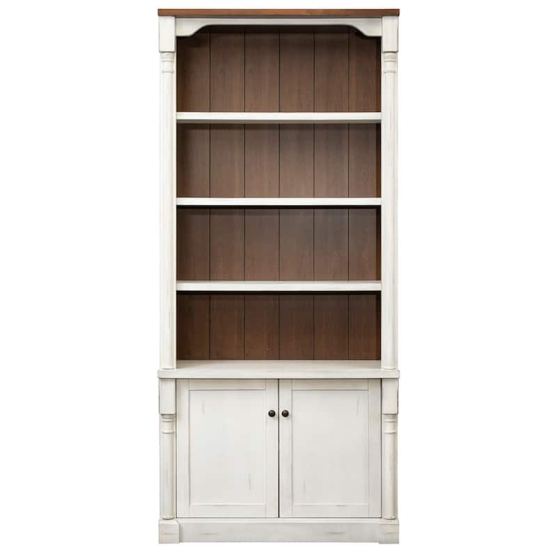 Rustic Wood Bookcase With Doors, Storage Cabinet, White - 42w x 78h x 16d
