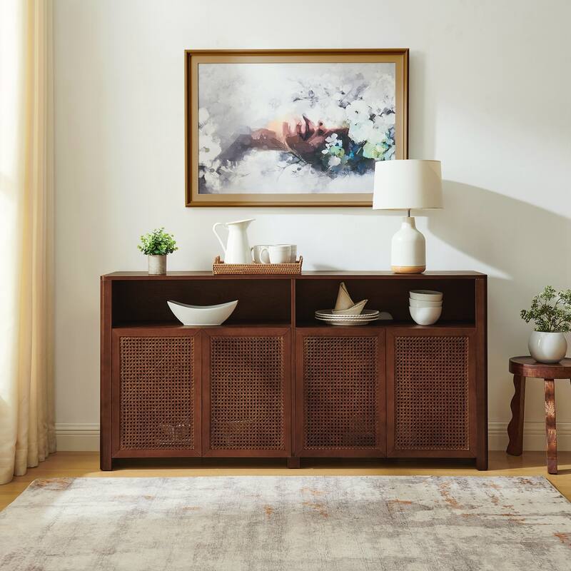 Mid Century Modern Rattan Sideboard Buffet Cabinet with Storage