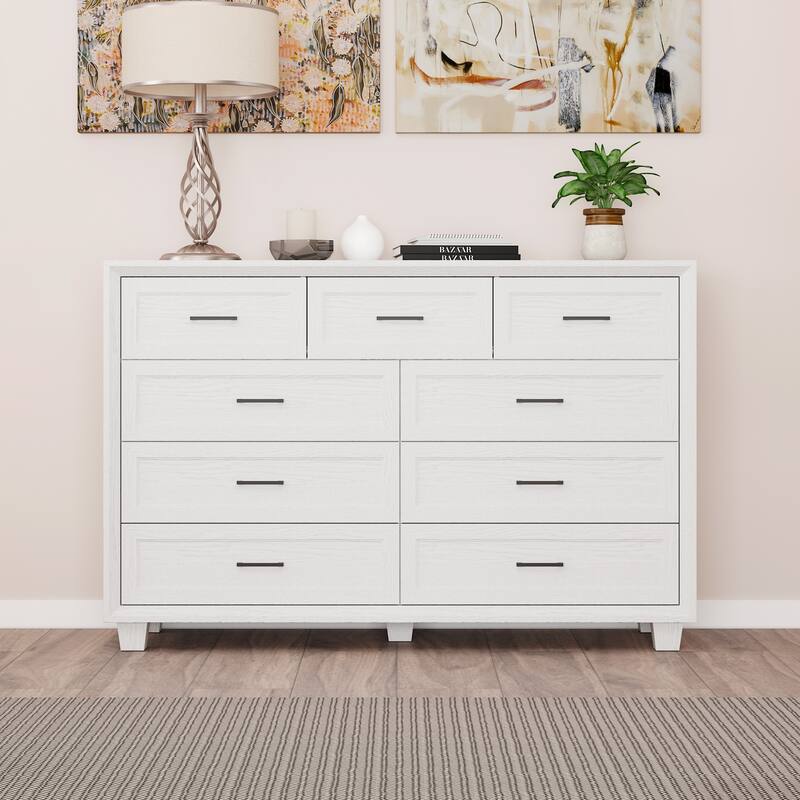 Modern 9-Drawer Dresser with Solid Wood Legs, Vintage Brown and White Wood Grain Options, Bedroom Storage Chest - White Wood