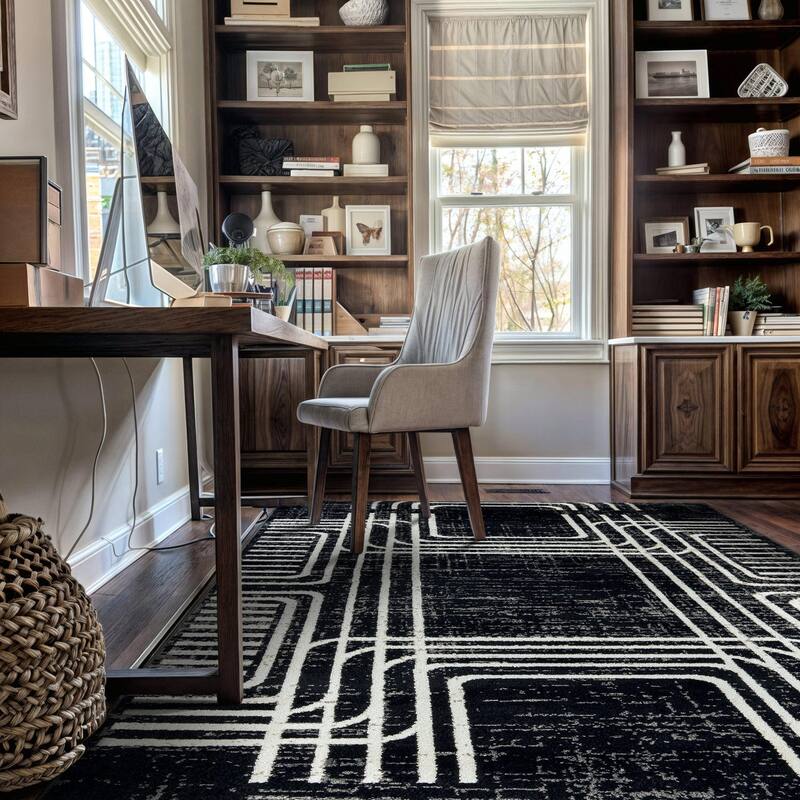 Bohemian Lines Black Ivory Gray Durable Area Rug Pet Friendly, Perfect for Entryway, Living Room, and Bedroom