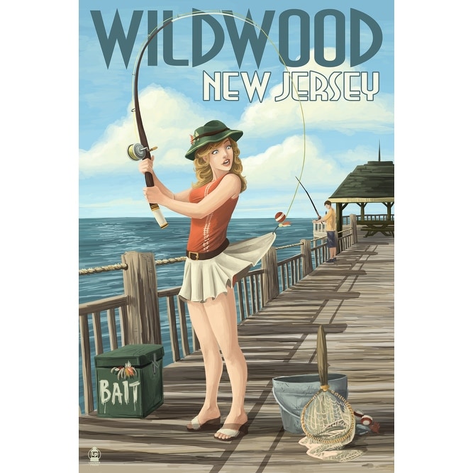 Wildwood, NJ - Fishing Pinup Girl - LP Artwork (100% Cotton Towel