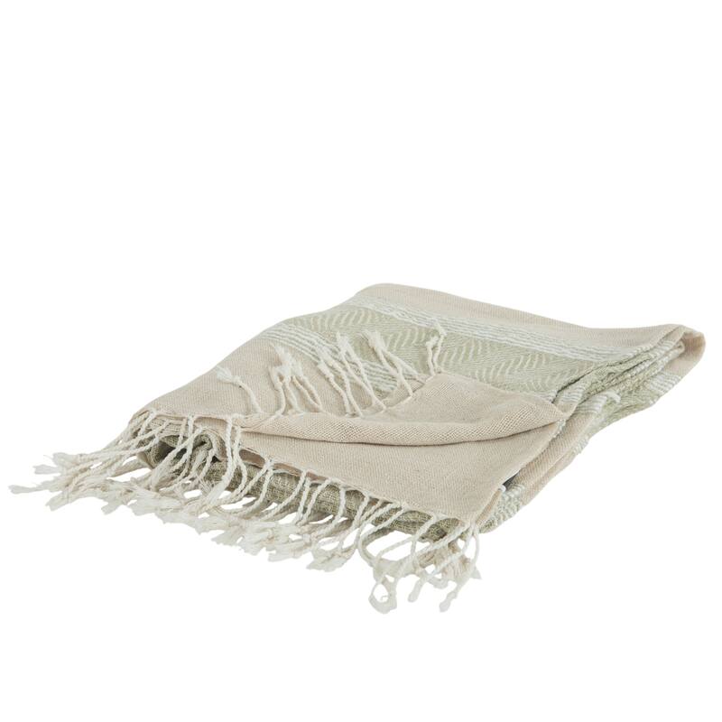 HomeRoots 50" X 60" Natural Cotton Woven Striped Throw Blanket with Fringe