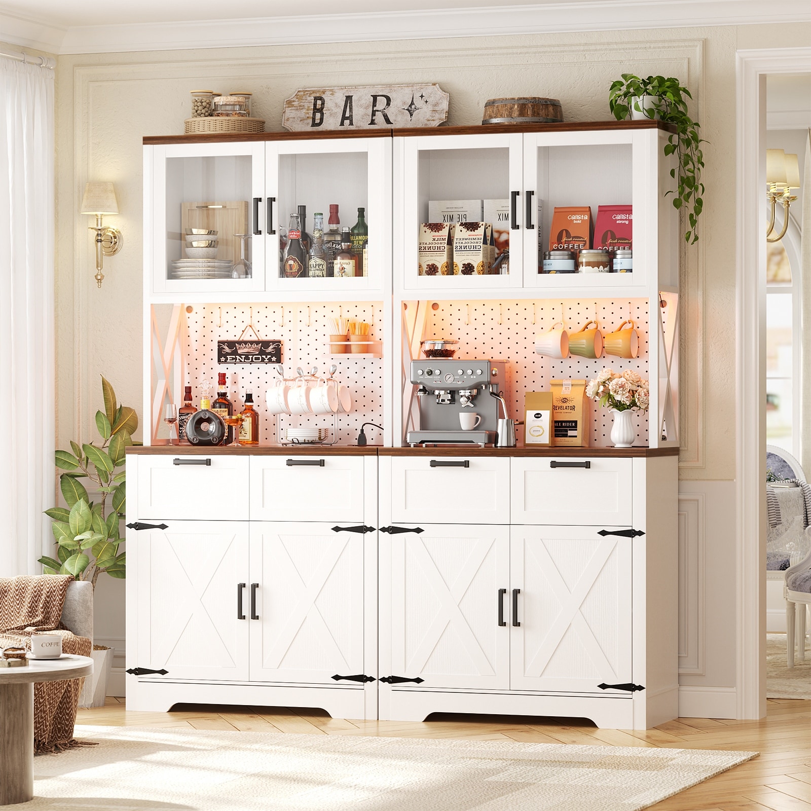 Kitchen Pantry Storage Cabinet with LED Light & Power Outlet, Freestanding Buffet Cabinet with Microwave Stand and Doors