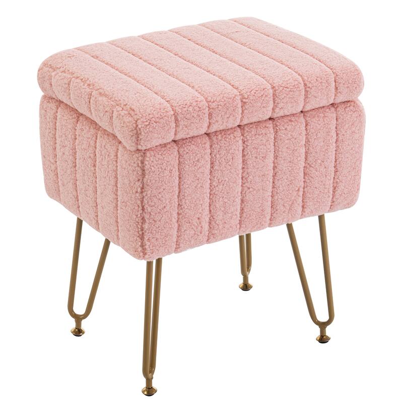 Set of 1 Lamb Wool Fabric Upholstered Storage Ottoman with Matte Golden Legs