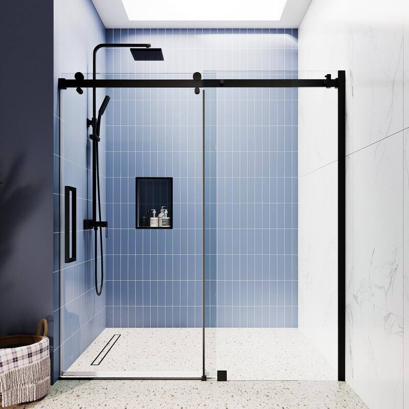 Glassic SI Series 62" - 66" W x 75" H Contemporary Frameless Single Sliding Shower Doors With 3/8" Clear Tempered Glass - Matte Blck
