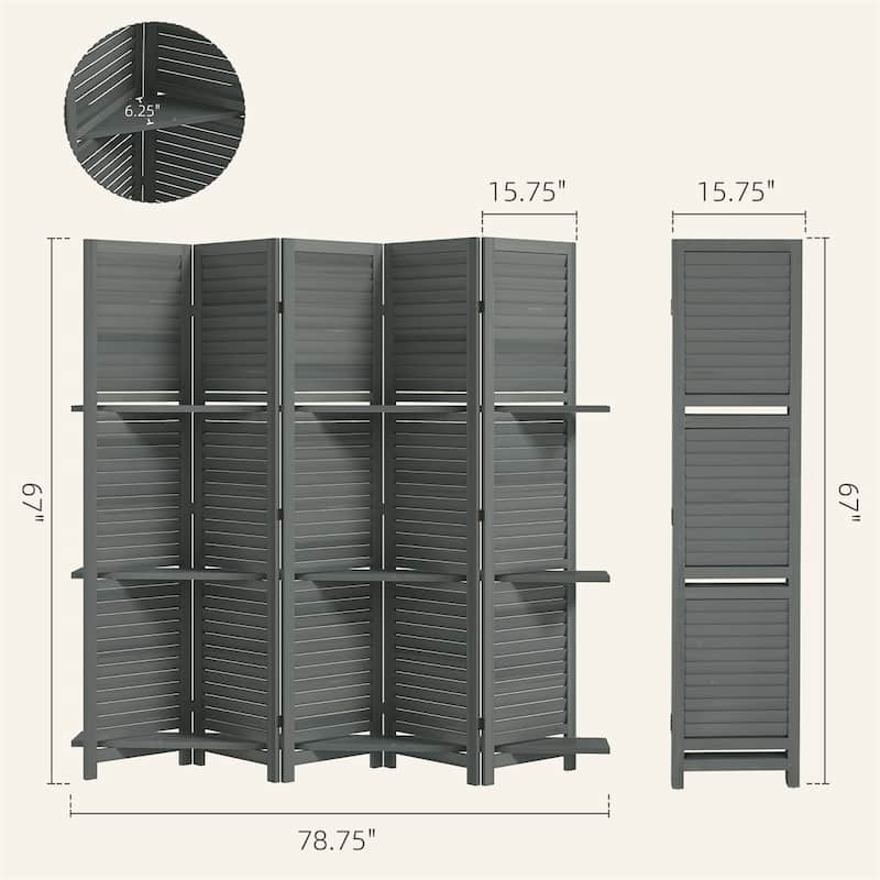 78.75" Wide 5-Panel Foldable Paulownia Wood Room Divider Screen with Built-In Shelves - 78.75" L x 67" H x 0.75" T