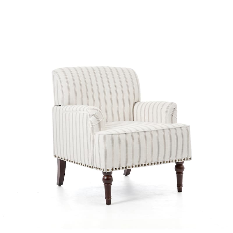 Striped Upholstered Linen Armchair with Brass Nailhead Trim