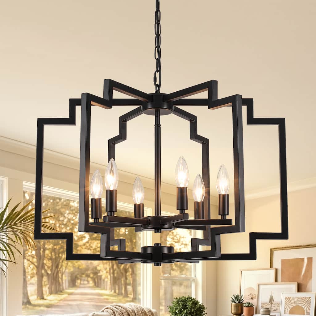 Farmhouse 6-Light Wide Geometric Lantern Dimmable Chandelier for Bedroom Hallway