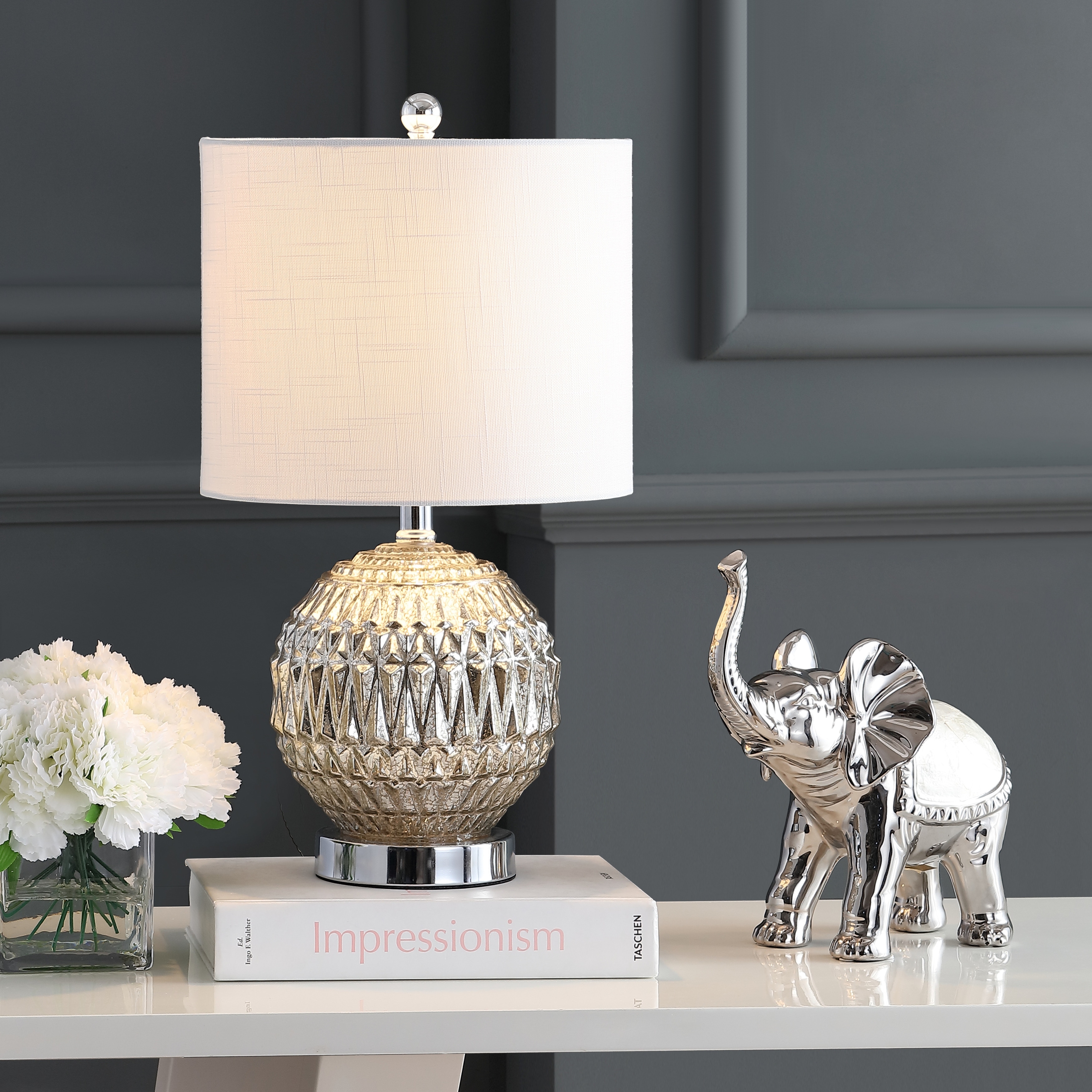 JONATHAN Y Krister 20.5" Glass/Metal LED Table Lamp, Silver/Ivory