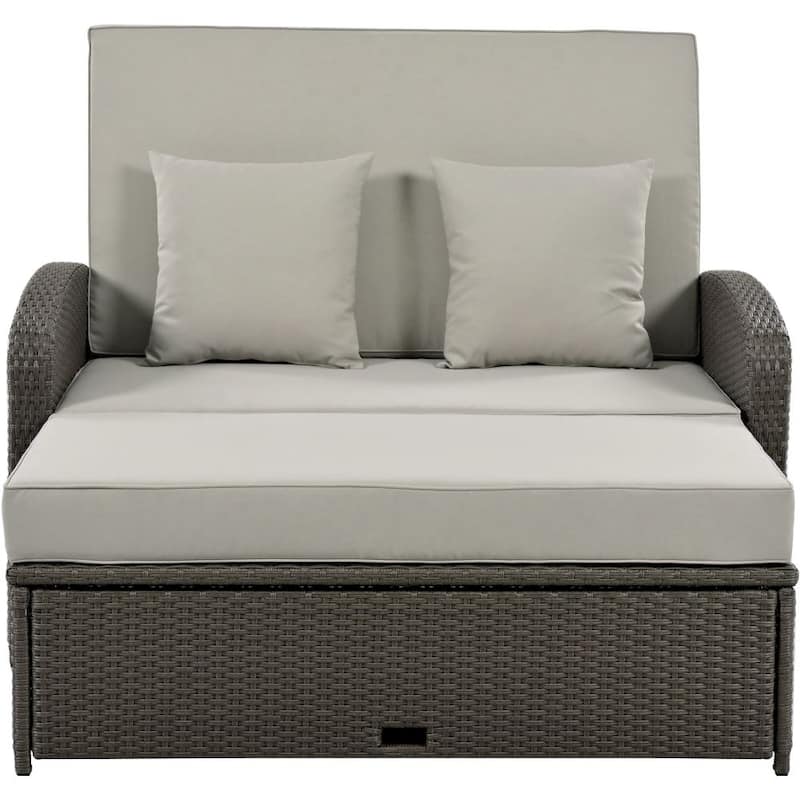 PE Wicker Rattan Double Chaise Lounge 2-Person Reclining Daybed,Free Rain Cover