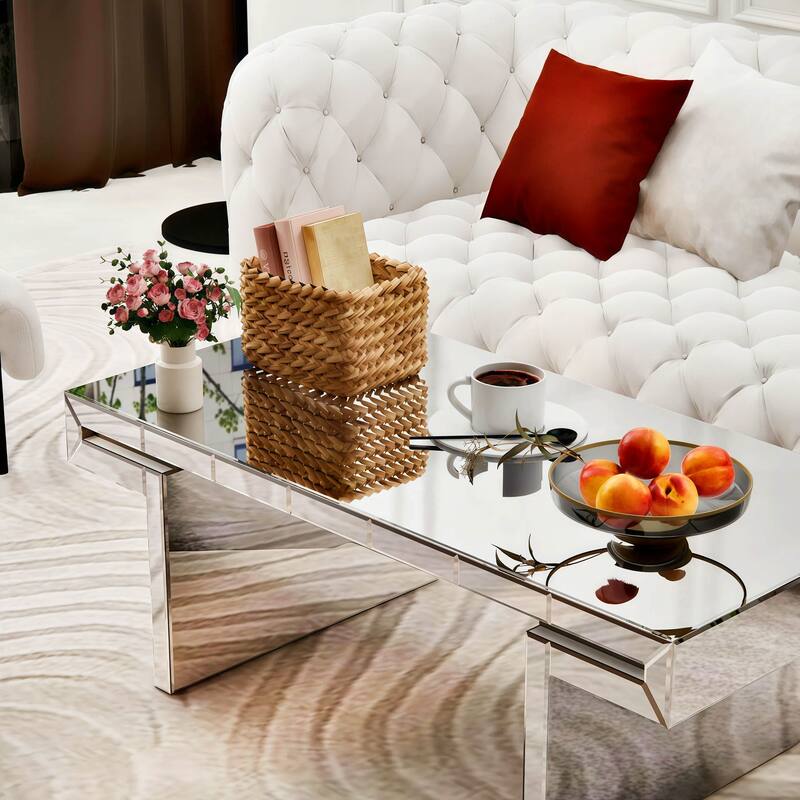 47 Inches Luxury Rectangular Mirror Coffee Table with Fluted Tempered Glass, Modern Sofa Side Table, Reinforced Packaging