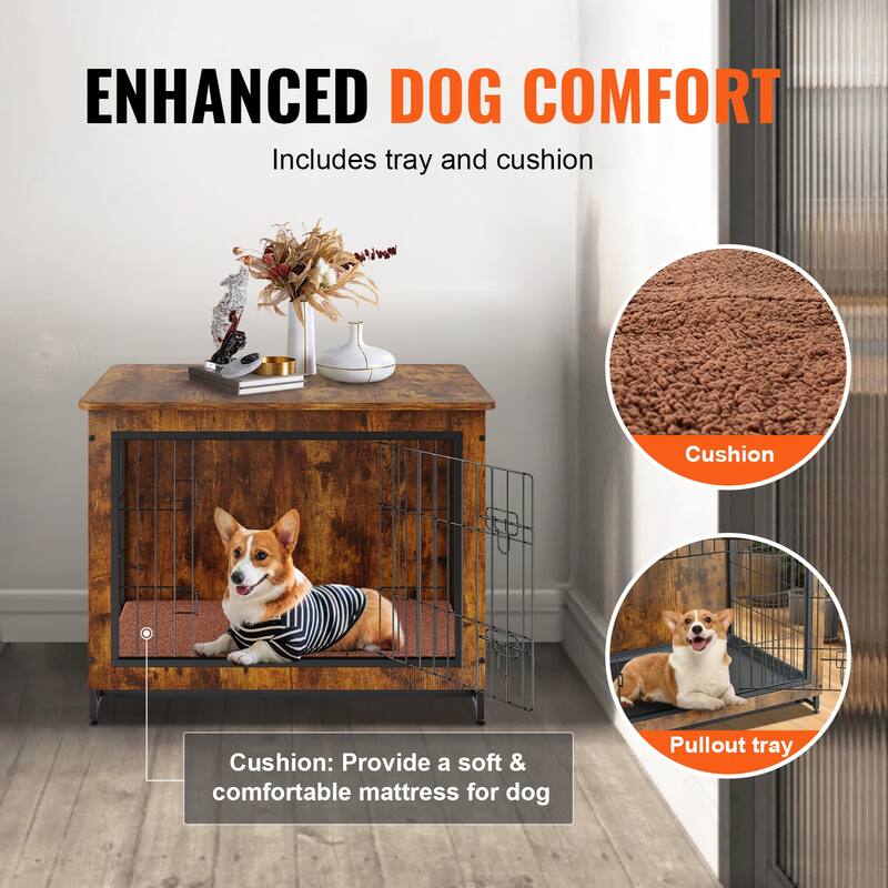 Dog Crate Furniture, Wooden Dog Crate with Double Doors, Heavy-Duty Dog Cage End Table with Multi-Purpose Removable Tray