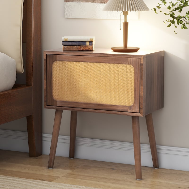 Mid-Century Modern Rotating Hidden Compartment Rattan Nightstand - Walnut