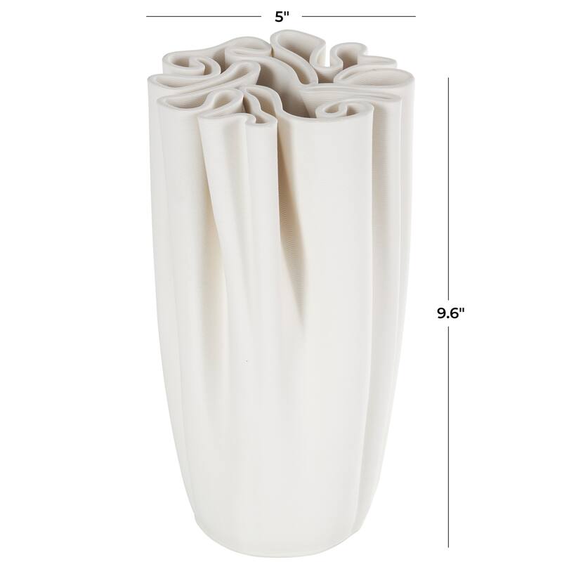 White Ceramic Ribbed Dimensional Folded Abstract Vase with Compact Wavy Rim