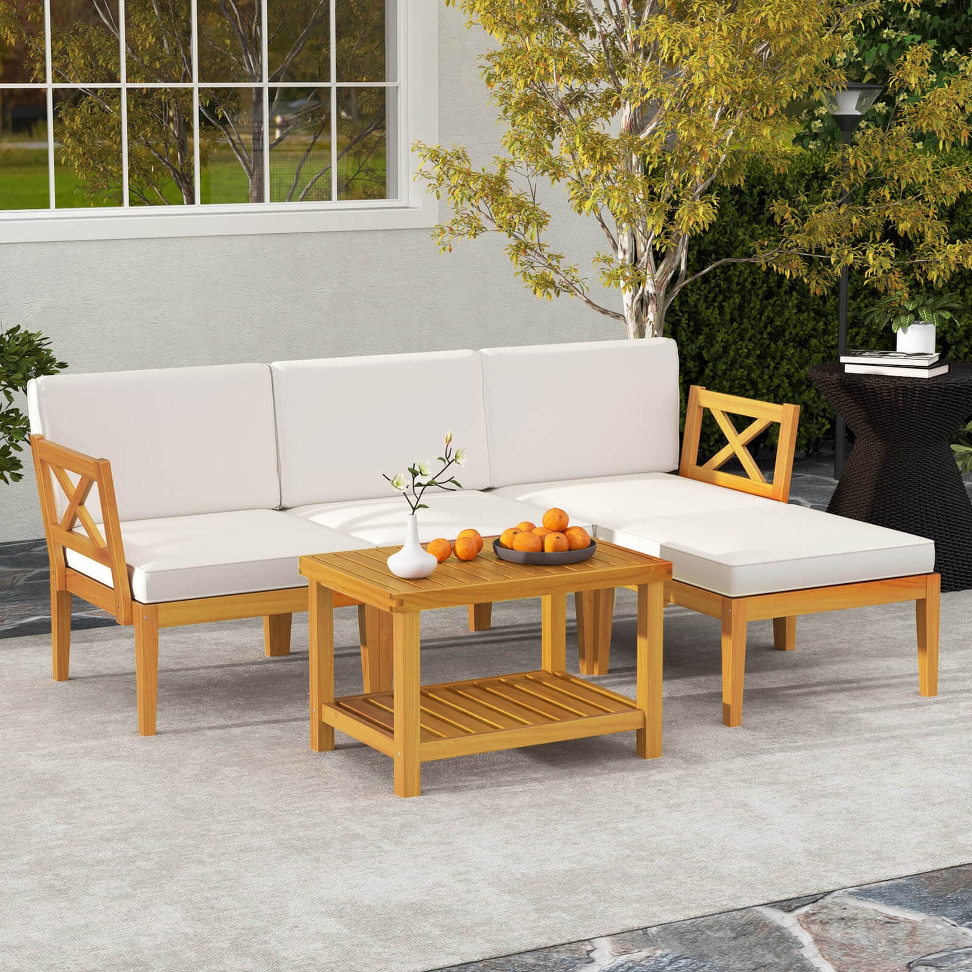 Costway 5 PCS Acacia Wood Patio Furniture Set with 2-Tier Coffee Table - See Details