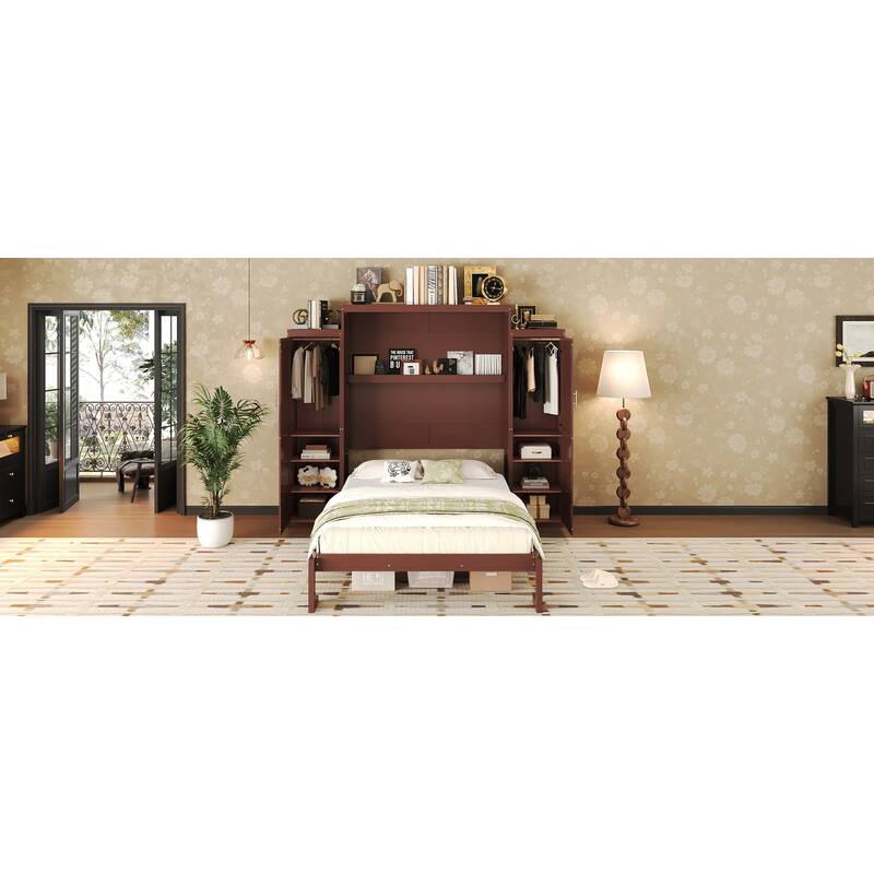Queen Size Foldable Wall Bed with Wardrobes and Storage Shelf, Multifunctional Space-Saving Platform Bedframe in Walnut Finish