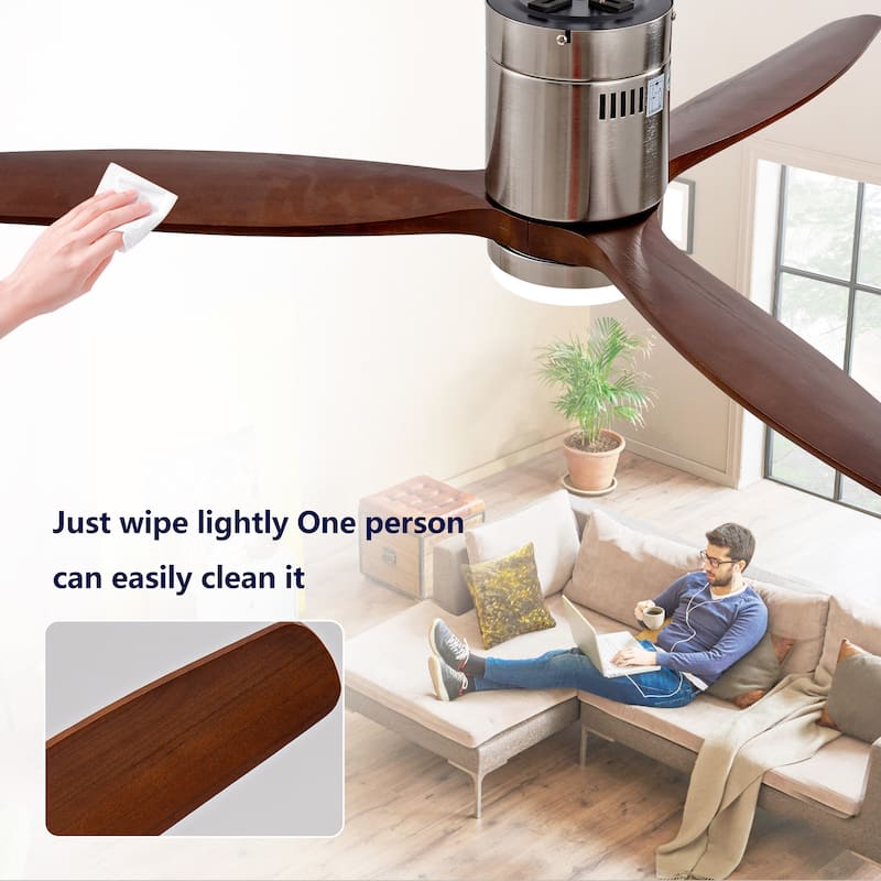 Hot sales 52 Inch Modern Ceiling Fan ,3 Color Dimmable 5 Solide Wood Blades Remote Control Reversible DC Motor With Led Light