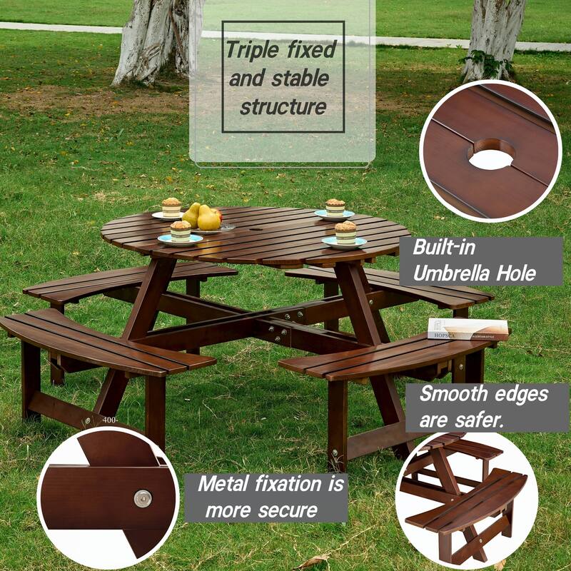 Outdoor 8 Person Picnic Table with a umbrella Hole,4 built-in benches