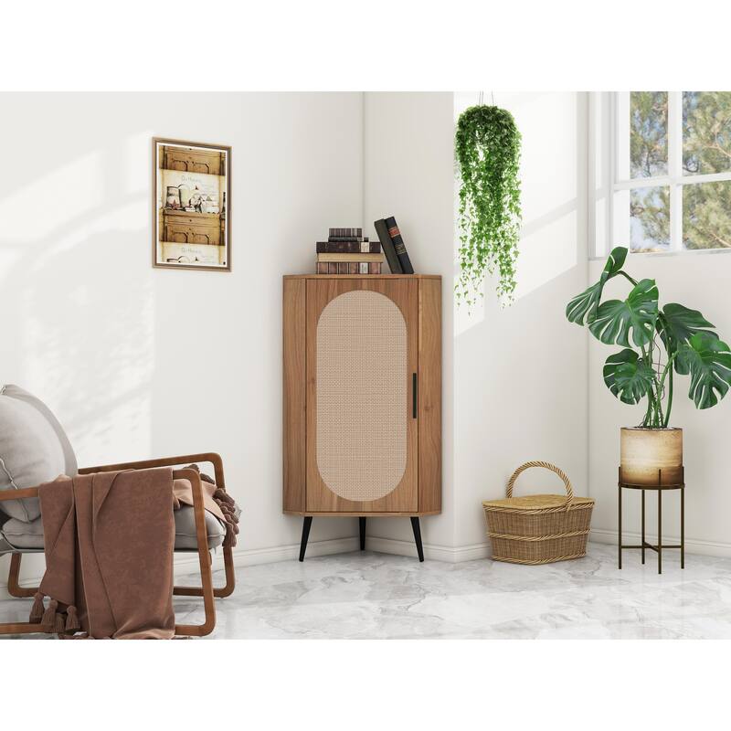 Corner cabinet, Rattan door,Freestanding Corner Tables For Small Spaces, Corner Shelf Stand For Living Room, Kitchen, Bedroom