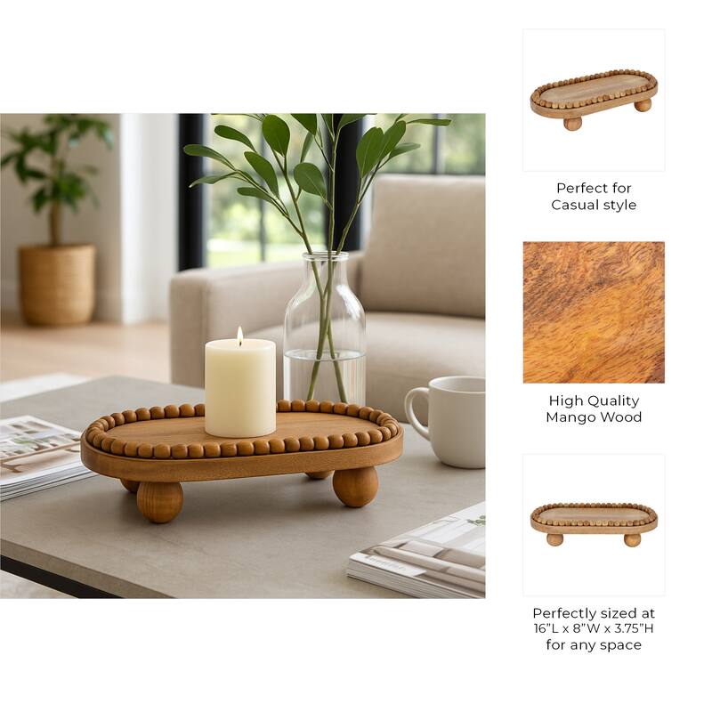Decorative Mango Wood Beaded Oval Tray with Ball Feet - 16", Brown