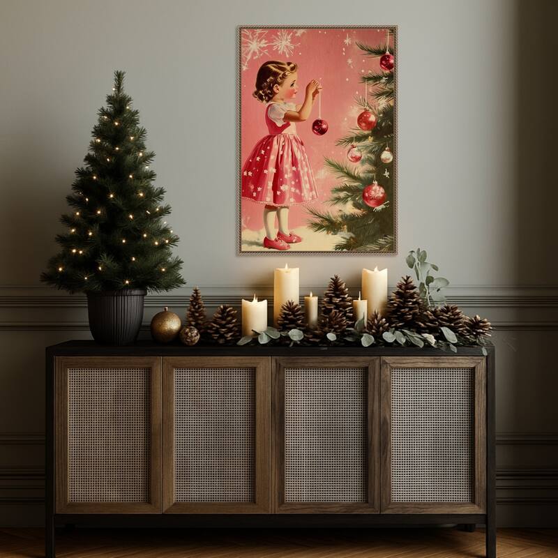 Girl With Baubles by Pictufy Studio (23 x 33 in.), Framed Canvas Wall Art Print - Sylvie Beaded Dark Gold