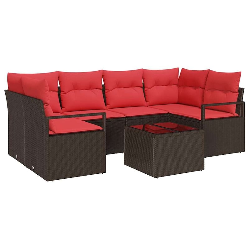 vidaXL 7 Garden Sofa Set with Cushions Black/Brown/Grey Poly Rattan - 92.1 x 48 x 27.2