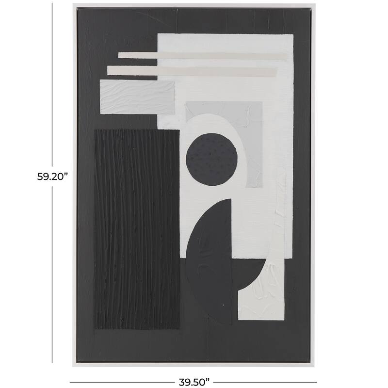Black or White Canvas Textured Abstract Framed Wall Art with Various Geometric Shapes and White Accents