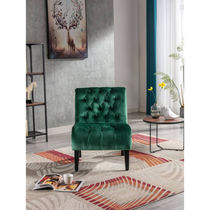 Modern velvet armless lounge chair with upholstered fabric solid wood legs for bedroom, living room, office - Green
