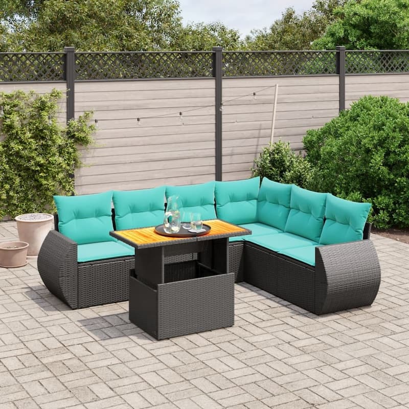 vidaXL Patio Sofa Set with Cushions Outdoor Furniture 7 Piece Poly Rattan - 24.4 x 24.4 x 27.2 - Black