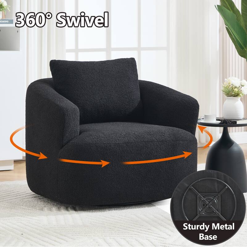 360°Swivel Round Upholstered Comfy Chair With One Soft Pillow, Teddy Fleece High-Resilience Sponge Single Sofa