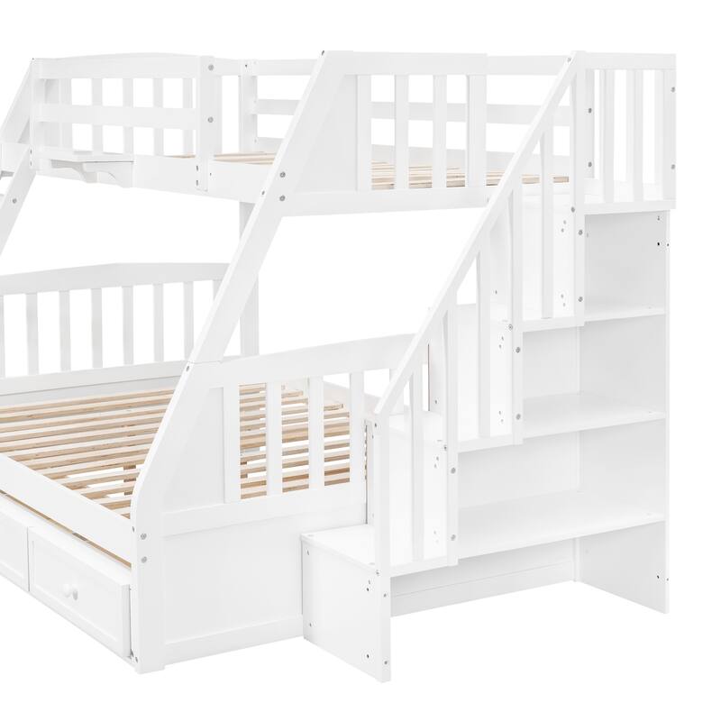 White Twin-Over-Full Bunk Bed with Storage Drawers and Staircase