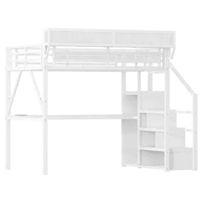 Queen/Full Loft Bed with Desk & Charging Station, Metal Loft Bed with Stairs & Light for Kids Teens