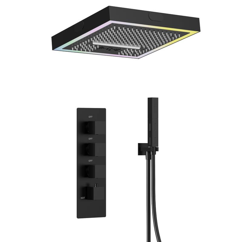 GRANDJOY Thermostatic LED Rain and Waterfall Shower System with Handheld, Built-In Music Function - Matte Black