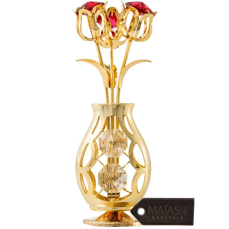 Matashi 24k Gold Plated Flowers Bouquet and Vase w/ Red & Clear Matashi Crystals | 24k Gold-Plated Table Top Decorations