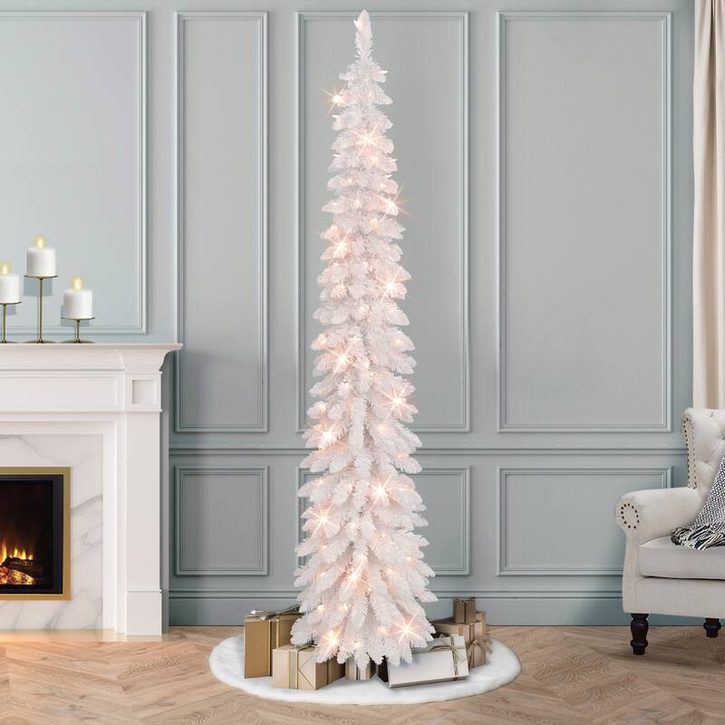 Puleo International 7 ft Pre-Lit Flocked White Artificial Alpine Pencil Tree
