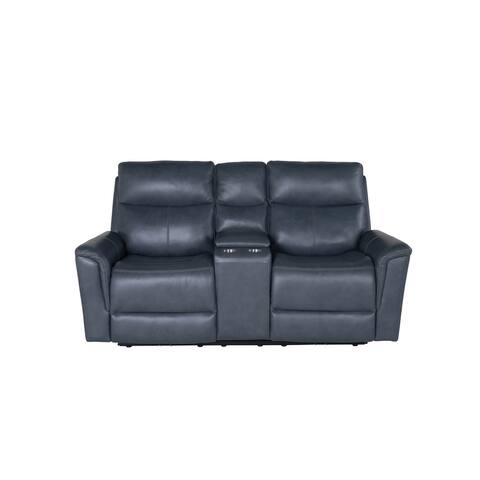 Grayson Leather Blue Grey Motion Loveseat Console with Power Head Rest - 41'' H x 75.5'' W x 38.5'' D