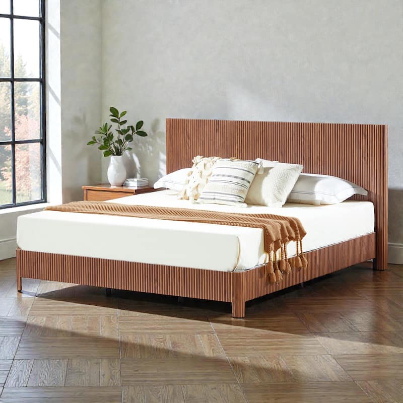 Wood Bed Frame with Corrugated Curved Wood Panels, Heavy Duty Metal Support, No Box Spring Needed - Walnut - King