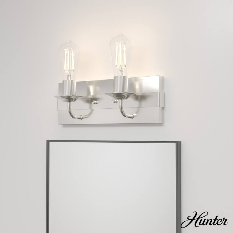 Hunter Perch Point Vanity Wall Light - Industrial, Modern Mountain, Rustic, Transitional - Damp Rated! - 14.5" - 2 Light - Brushed Nickel