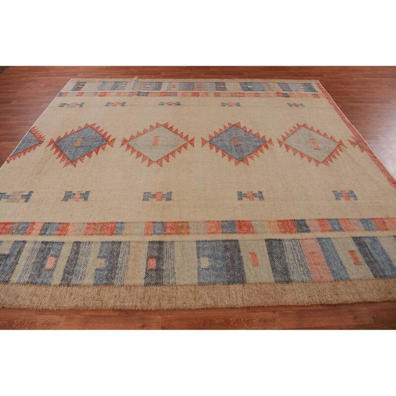 Hand Woven Oriental 100% Jute Carpet Southwestern Modern Beige & Ivories Kilim Area Rug - 9' 8'' X 8' 6''