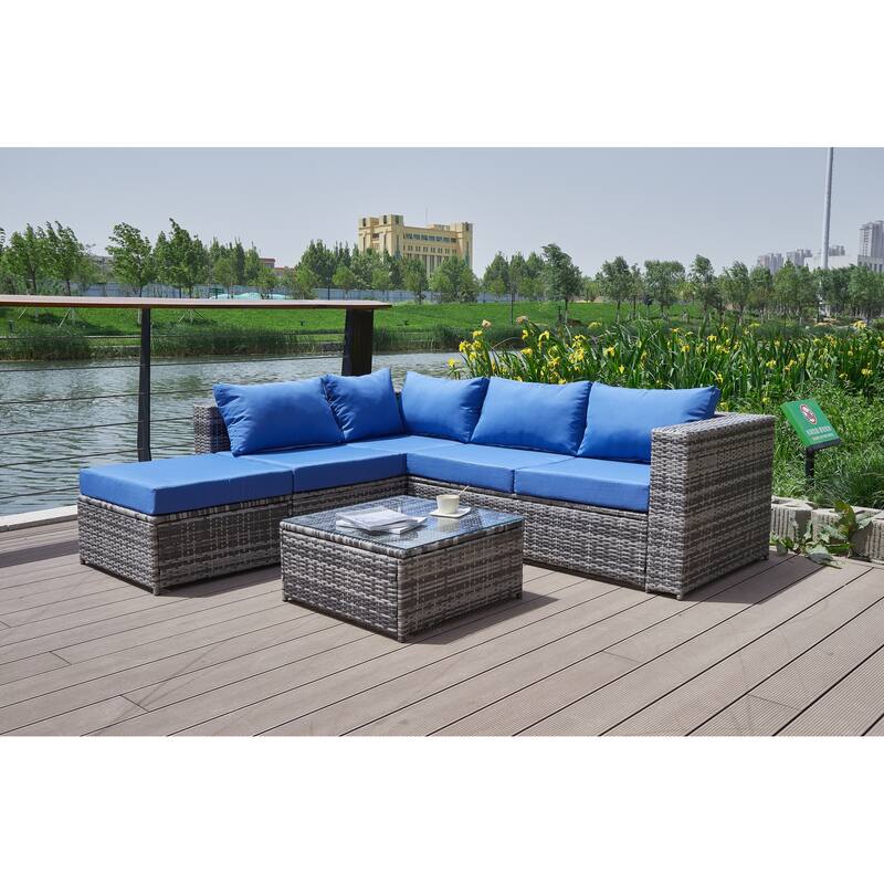 6 Piece Outdoor Sectional L- Shaped Sofa Set, All-Weather PE Wicker Rattan Conversation Furniture Set with Coffee Table