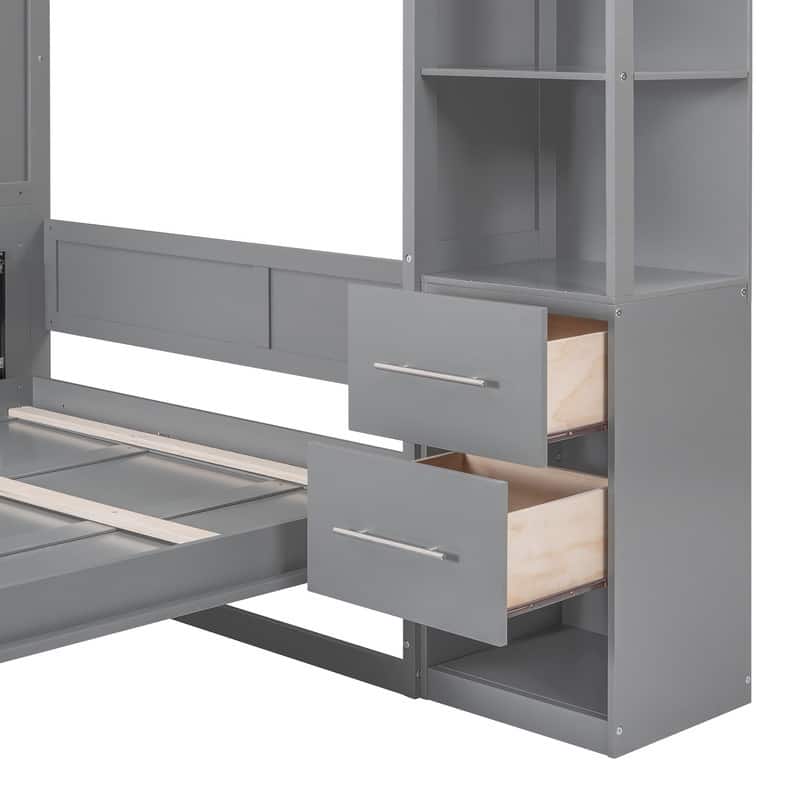 Queen Size Murphy Bed Wall Bed with Shelves, Drawers and LED Lights