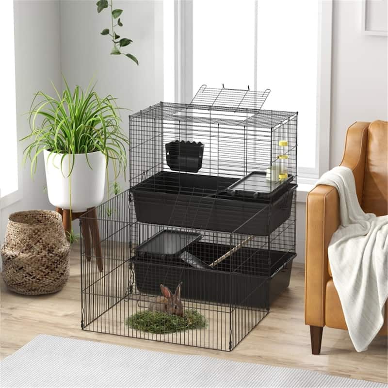 3 Doors Black Small Pet Cage with Food Bowl and Water Bottle - 41.75" L x 33" W x 35.75" H