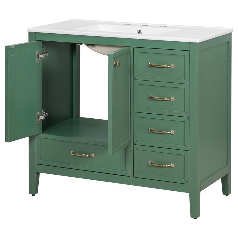 36" Bathroom Vanity with Sink, Bathroom Cabinet with Soft-Closing Door, 4 Drawers of Different Sizes, Solid Wood Frame and Leg