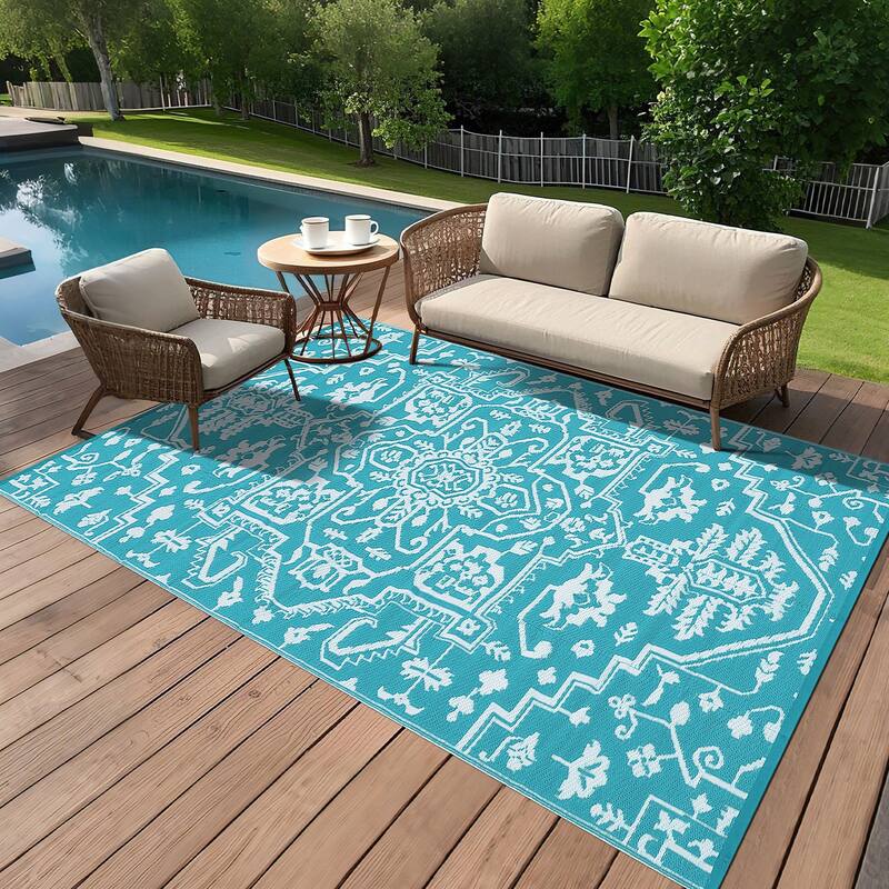 Outdoor Rug Reversible Plastic Straw Rug Outside Outdoor Waterproof Area Rug for Patio Deck Balcony Backyard Beach - 9'x18' - Light Blue White
