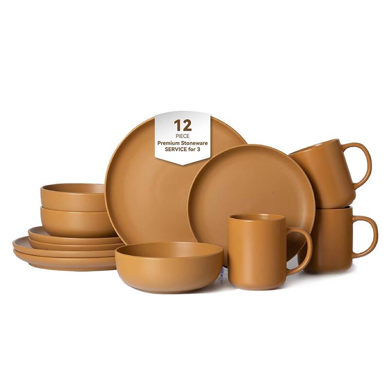 12PCS Stoneware Dinnerware Set, Microwave Dishwasher Safe Stackable - Orange